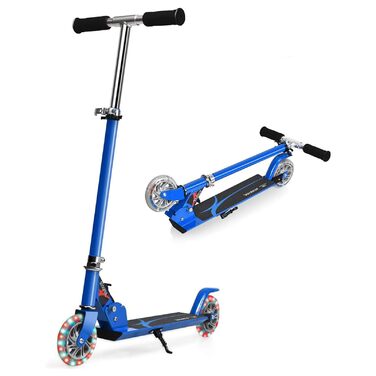 Дитячий ролер GOPLUS Roller Kinder 4 роки з LED-колесами, гальмом на задньому колесі та підніжкою, регульований по висоті, легкий алюмінієвий, складної конструкції, до 70 кг, блакитний