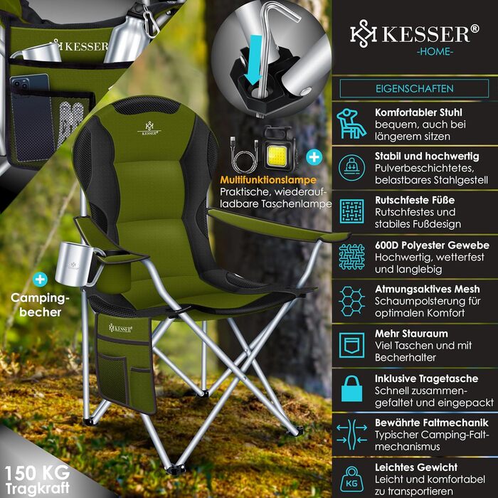 Крісло для кемпінгу KESSER® з підлокітниками, 150 кг, з підсвіткою, тримачем для напоїв, хакі/чорний