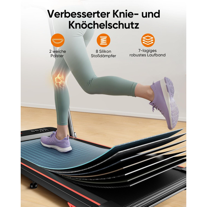 Біговий тренажер 6 в 1 для дому, складаний, з регулюванням нахилу 10% та ручкою. Підходить для дому/офісу, LED-дисплей, до 135 кг, пульт дистанційного керування та додаток. Без встановлення (червоний)