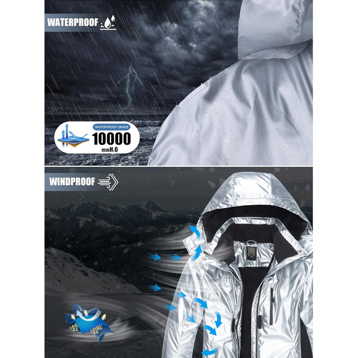 Жіноча водонепроникна куртка для сноубордингу та лижного спорту FREE SOLDIER з флісовою підкладкою та капюшоном. Тепла зимова куртка-дощовик з повністю проклеєними швами (L, срібляста)