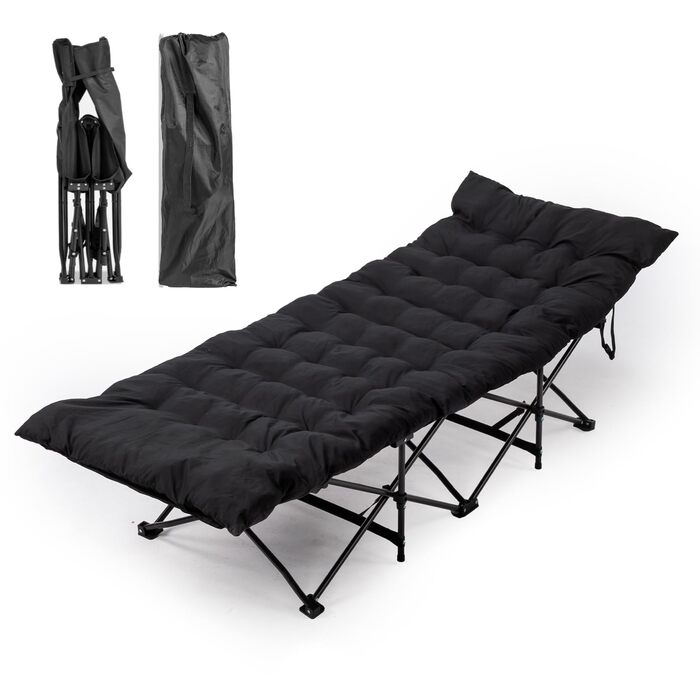Лежанка туристична складна LEADZM з матрацом, 190x71x36 см, сталевий каркас, чорна