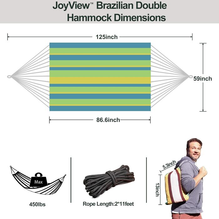 Гамак подвійний бразильський JoyView 220x150 см, бавовна, смугастий зелено-жовтий, до 204 кг, для тераси, саду, балкона
