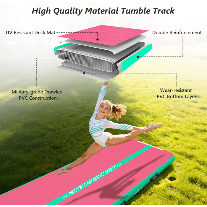 Гімнастичний надувний мат VOFiTNY товщиною 10/20 см для дому, парку, води. Розміри: 3/4/5/6 м. Рожевий/зелений колір.