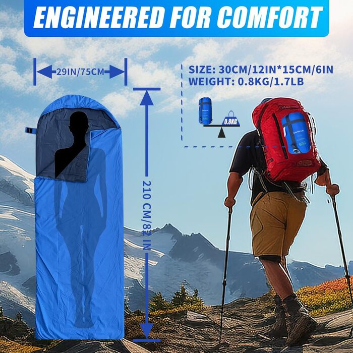 Спальний мішок для кемпінгу – 3 сезони, теплий та холодний клімат, легкий, простий у використанні, з компресійним мішком для дорослих та дітей, блакитний