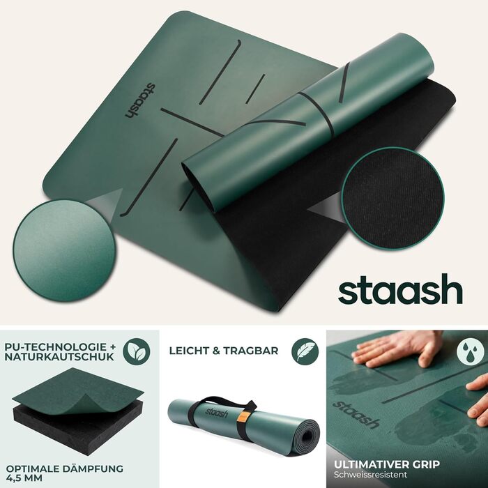 Преміум набір для йоги STAASH: килимок з PU та натурального каучуку (4,5 мм), рушник, ремінь та колінна подушка, поглинаючий та протиковзкий, Dark Evergreen