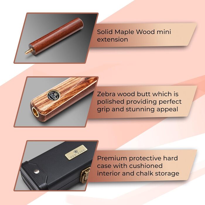 Cue-King Premier 400: Більярдний кий преміум-класу, ручної роботи, 144.8 см, 510 г, 3/4 з чохлом, з деревом Zebra, Hardcase, подовжувач, мікрофібровий рушник для кия, снукерний/пульний кий