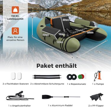 Надувне човен FANTASK для риболовлі з насосом, веслами та ременями, bellyboat для дорослих, 150 кг, 135 x 109 x 54 см (зелений)