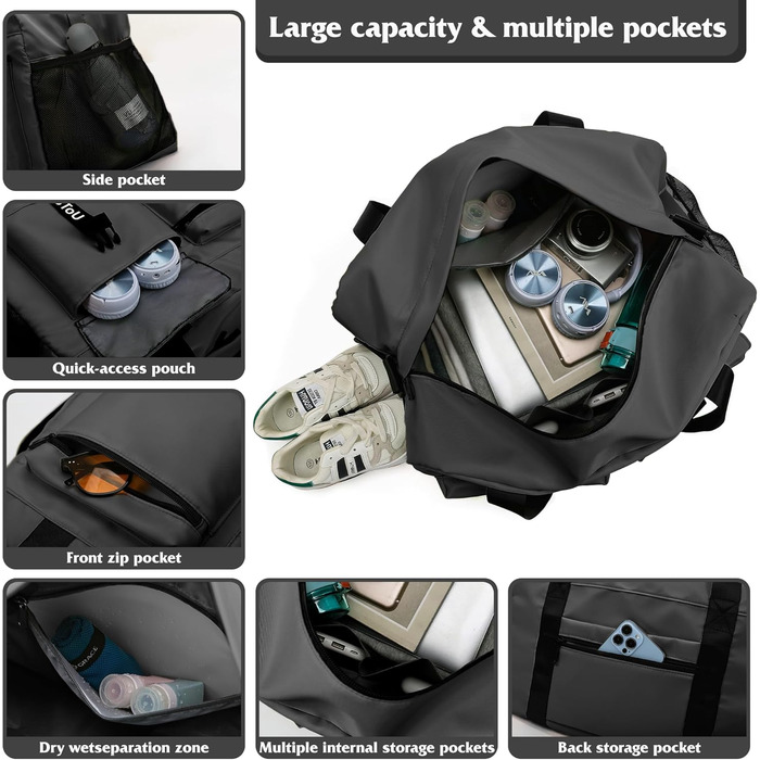Спортивна сумка для жінок та чоловіків з відділенням для взуття та вологих речей, водонепроникна сумка для подорожей, тренувань, басейну та сауни (Чорна)