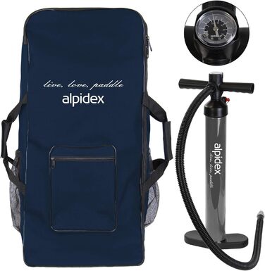 Набір SUP ALPIDEX Stand Up Paddle 305 см, синій. Надувний, стабільний, легкий, комплект з сумкою, веслом, фінами, насосом, стропом та набором для ремонту. Макс. вантажопідйомність 150 кг.