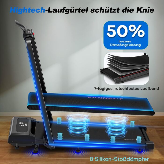 Vannect Walking Pad: Бігова доріжка для дому, 1-12 км/год, регулювання нахилу 9%, тихе, з LCD-дисплеєм, дистанційне керування + додаток, до 150 кг