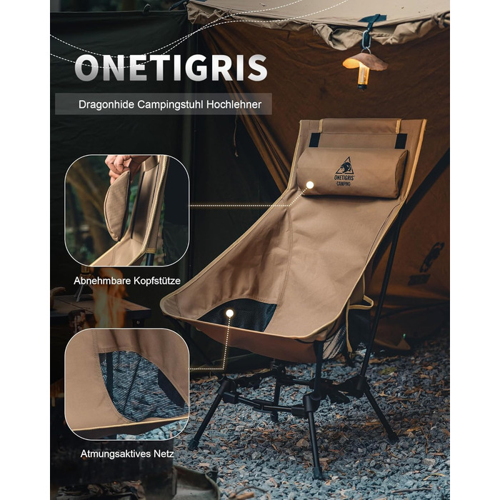Стілець для кемпінгу OneTigris DRAGONHIDE з високою спинкою, 125 кг, складаний, легкий, для риболовлі з 2 кишенями, для відпочинку на природі, піших прогулянок (колір: коричневий)
