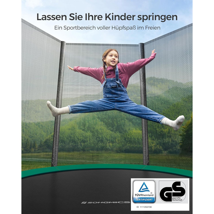 Трамплін SONGMICS Outdoor Ø 183/244/305/366/427 см, круглий, для саду, з захисним покриттям, сіткою, сходами та м'якими стійками (зелений)
