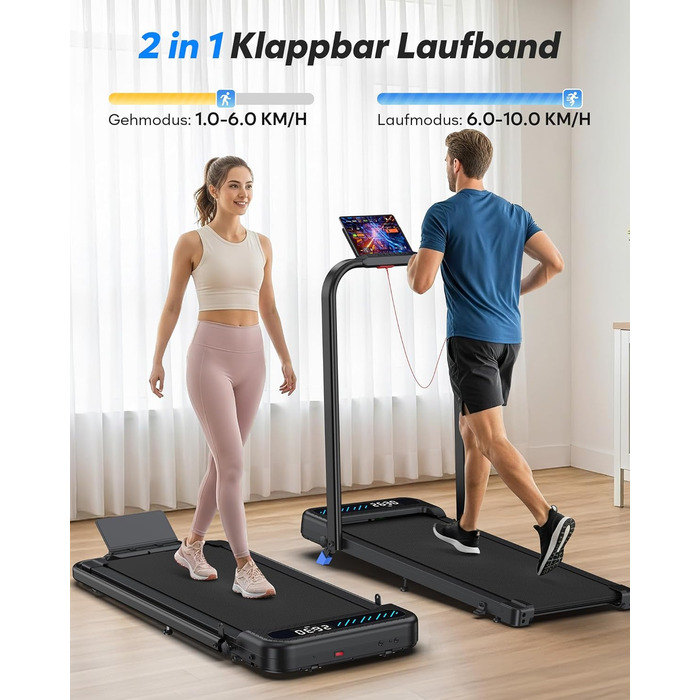 Тренажер для дому 2-в-1 Laufband Klappbar зі складним механізмом, нахилом, LED-дисплеєм, потужністю 3.0PS, для дому та офісу, до 145 кг, без встановлення, чорний