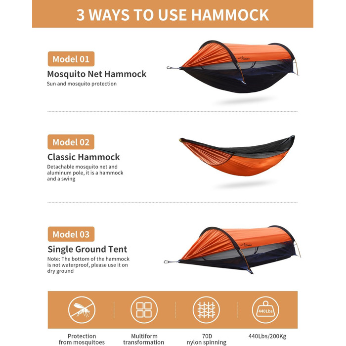 Гамак-намет Travel Bird з москітною сіткою та сонцезахистом, 290x140 см, великий простір, багатофункціональний, легкий, з ременями для кріплення до дерева, підходить для кемпінгу та відпочинку на природі (зелений/помаранчевий)