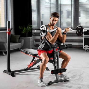 Регульована лавка Hop-Sport HS-1095 з підставкою для штанги та пюпітром для біцепса – тренувальна лава для жиму лежачи