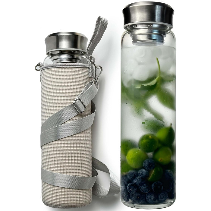 Скляна пляшка для води Drinmoaer 1 л з нержавіючою кришкою, широке горло, неопреновий чохол, для холодних напоїв