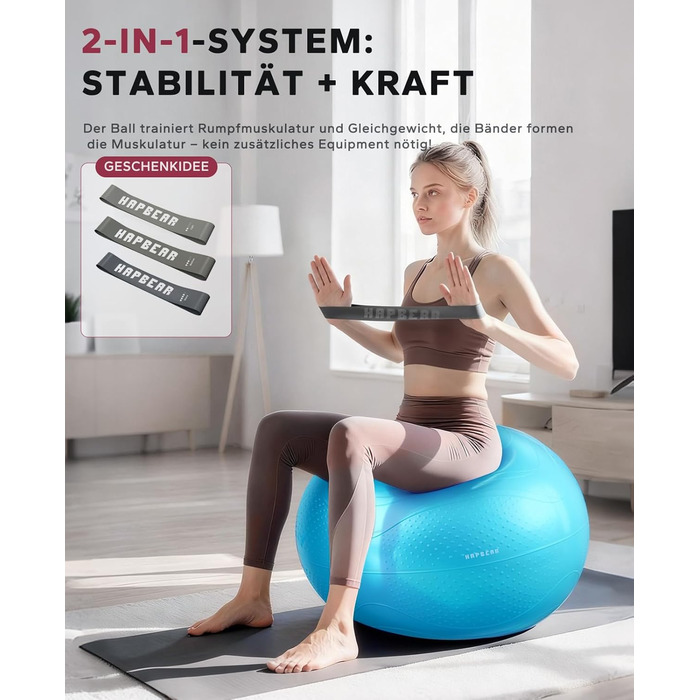 Гімнастичний м'яч HAPBEAR 55/65/75см - Анти-вибух, неслизький, з масажними попками, товстий PVC, до 200кг, комплект з насосом та гумками для фітнесу, офісу та йоги (Хмарно-блакитний, XL)
