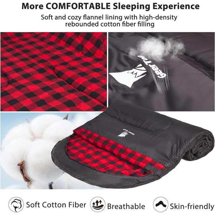 Спальний мішок GEERTOP XXL 4 сезони, фланель, 220x100 см, для дорослих, кемпінг, подорожі, туризм (чорний з червоною клітинкою)