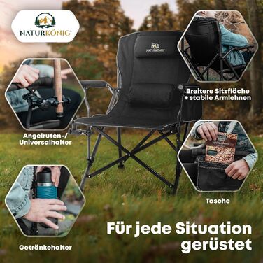 Зручний складаний стілець для кемпінгу та риболовлі, 160 кг, з подушкою та кишенею для напоїв (Чорний)