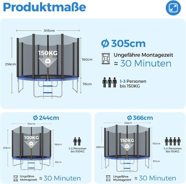 Батут Sekey Outdoor 244/305/366 см - сертифікований TÜV Rheinland GS, дитячий, для саду, з безпечним мотузковим драбиною, посиленим захисним сіткою та захисним бортиком, блакитний (305 см/10 футів)