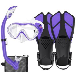 Набір для снорклінгу для дітей з ластами, маска з панорамним оглядом 180°, регульовані ласти, високоякісна маска та сухий снорклінг для плавання (фіолетовий)