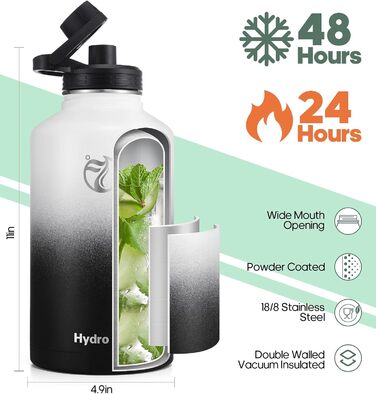 HydroPal Фляга з нержавіючої сталі - 750мл/1л/1.2л/1.9л, без BPA, для газованої води, ізольована з трубочкою та 2 кришками (білий/чорний, 1900мл)