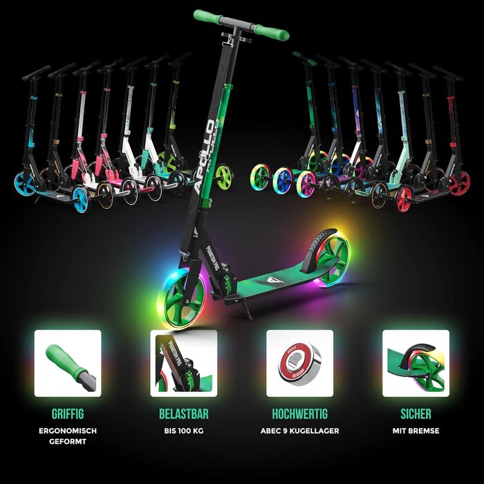 Скутер Apollo Phantom Pro City з LED-підсвіткою - розкладний, регульований по висоті, для дорослих, дітей та підлітків