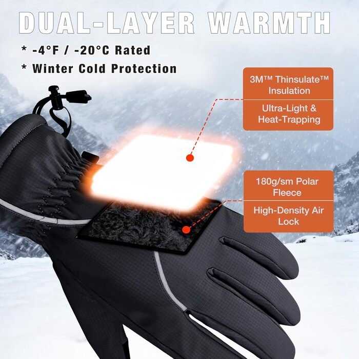 Рукавички зимові для чоловіків та жінок Origem, 3M Thinsulate, водонепроникні, для катання на лижах, велосипеді, походів, з підкладкою з флісу, сумісні з сенсорними екранами (чорний блискавка, XL)