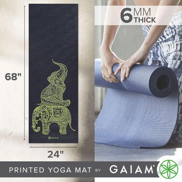 Килимок для йоги Gaiam Premium 6 мм, нековзний, з принтом Tribal Wisdom Elephant, для йоги, пілатесу та фітнесу, 172x61x0,6 см