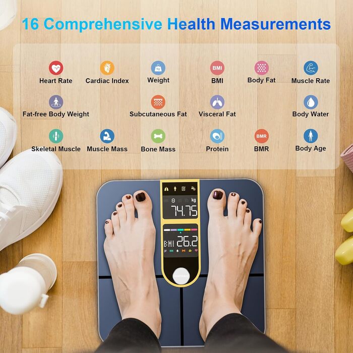 Розумні ваги Healthkeep Bluetooth з подвійним VA-дисплеєм, ITO-покриттям, вимірюванням 16 показників тіла і пульсу, додатком для Android/iOS, до 180 кг, золоті