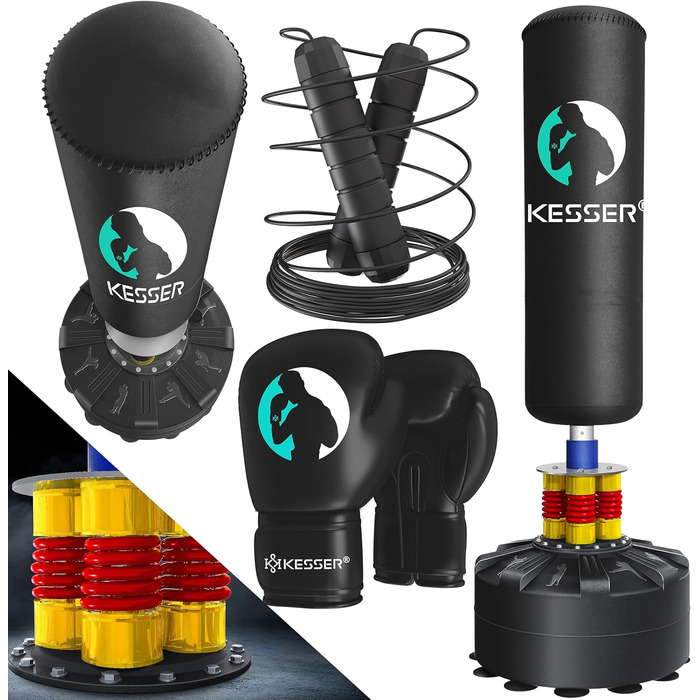 Набір для боксу KESSER® з боксерськими рукавичками, скакалкою, боксерським мішком та підлогою для тренувань. Чорний.