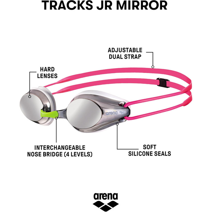 Дитячі дзеркальні антифог окуляри для плавання arena Tracks Junior, з UV-захистом, 4 змінні перенісся, силіконові ущільнювачі, для змагань