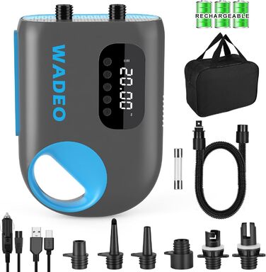 Електрична повітряна помпа SUP з акумулятором 18000mAh, WADEO 20 PSI, LED-ліхтар, швидка зарядка 110V/12V, автовимкнення, для SUP, човнів, каяків, наметів, матраців
