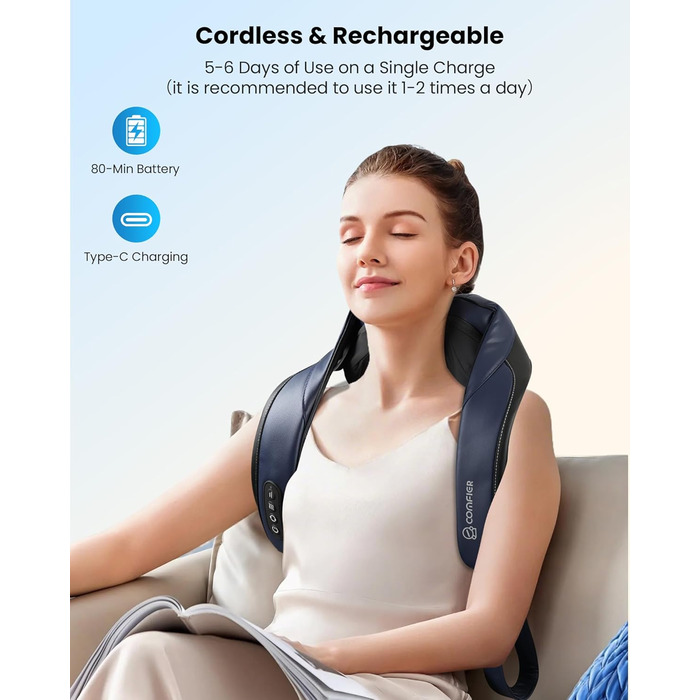 Масажер для шиї та плечей Comfier 2026 з графеновим підігрівом, 4D Shiatsu, бездротовий, для глибокого масажу шиї, плечей та спини, подарунок для жінок та чоловіків, темно-синій