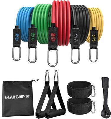 Набір гумових еспандерів BEAR GRIP 11 шт. для домашніх тренувань з ручками, анкер для дверей та сумкою