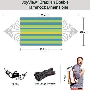 Гамак подвійний бразильський JoyView 220x150 см, бавовна, смугастий зелено-жовтий, до 204 кг, для тераси, саду, балкона
