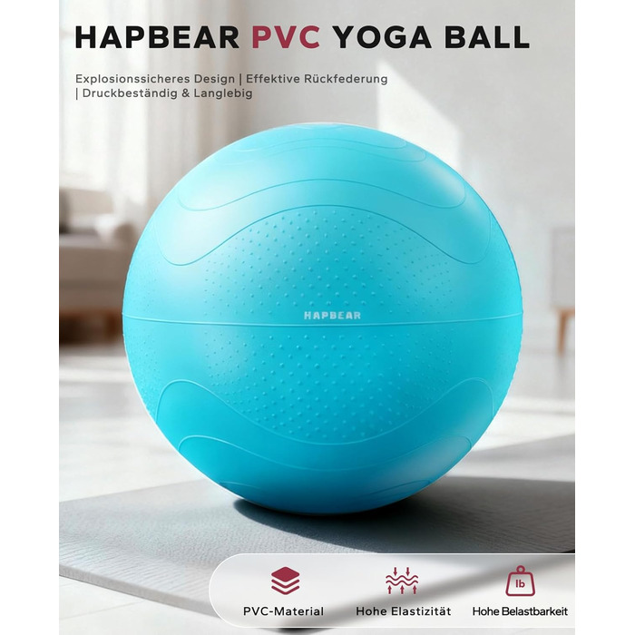 Гімнастичний м'яч HAPBEAR 55/65/75см - Анти-вибух, неслизький, з масажними попками, товстий PVC, до 200кг, комплект з насосом та гумками для фітнесу, офісу та йоги (Хмарно-блакитний, XL)