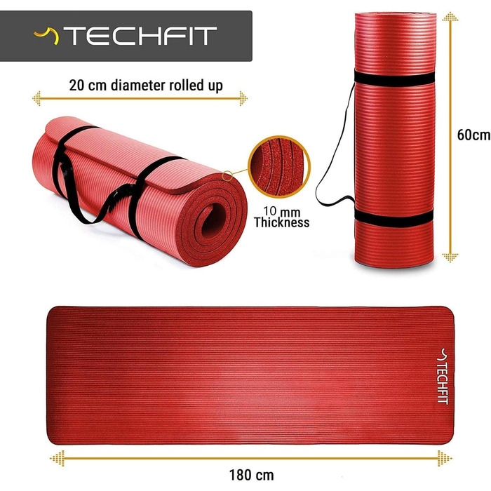 Йога мат TechFit: неслизька, товста (10 мм), для фітнесу, пілатесу, кемпінгу, аеробіки (червона)
