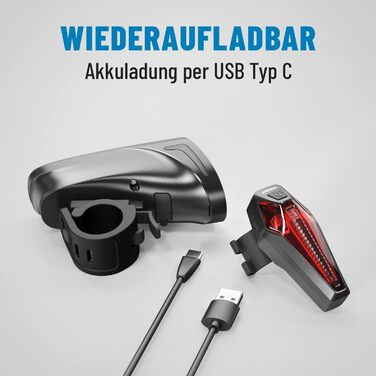 Набір велосипедних LED ліхтарів ABSINA, USB-зарядка, 200 м, 100 Люкс, передній і задній, StVZO, акумуляторні