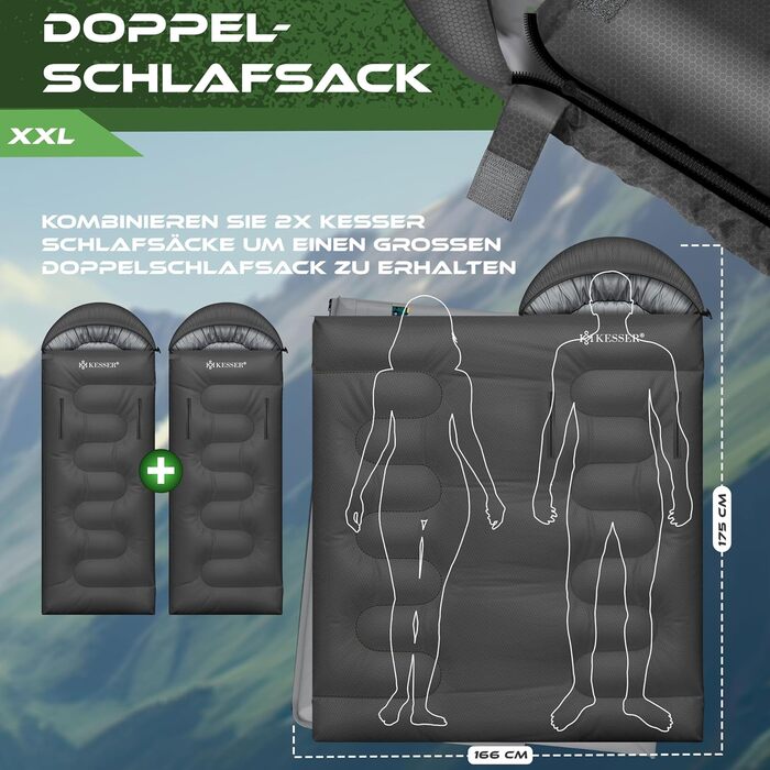 Спальний мішок KESSER® Outdoor для кемпінгу | 3-4 сезони | Підходить для дорослих та дітей | Легкий, теплий, водовідштовхуючий | З лампою та кишенею (Антрацит, 220 x 83 см)