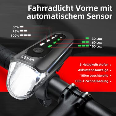 Набір переднього та заднього велоліхтаря з LED, StVZO, USB-C, водонепроникний, 100Lux + гальмівний індикатор, з батареєю