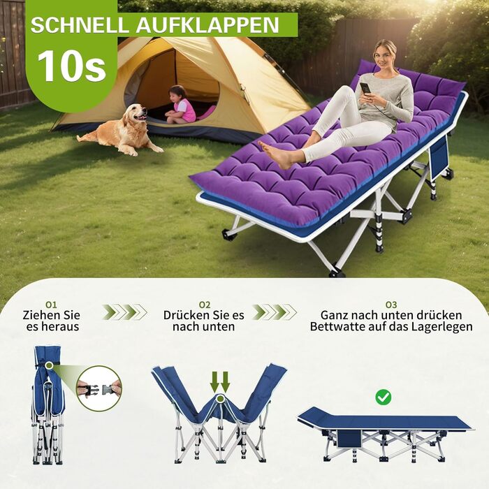 Намет-ліжко з матрацом, розкладне ліжко Oxford Tuch, вантажопідйомність 200 кг, гостьове ліжко для дорослих, ліжко-крісло з бічною кишенею, портативне, для відпочинку на природі, подорожей, саду, дому (Лілове)