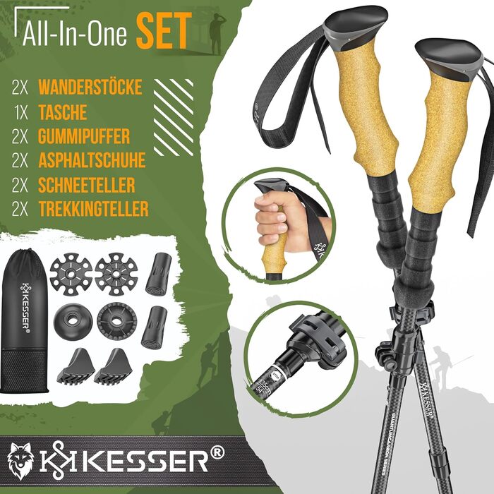 Трекінгові палиці KESSER® алюмінієві/карбонові з корковими ручками для хайкінгу, скандинавської ходьби, лиж та альпінізму (115-135 см) + ліхтарик для кемпінгу