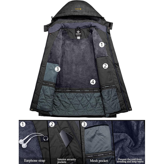 Водонепроникна лижна куртка GEMYSE для чоловіків, вітронепроникна з флісовою підкладкою, зимова куртка з капюшоном (XL, сірий колір)