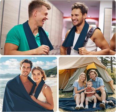 Набір з 3 рушників з мікрофібри: великий 200x100 см та 2 маленькі 80x40 см, швидковисихаючі, для спорту, подорожей, басейну та пляжу (темно-синій)