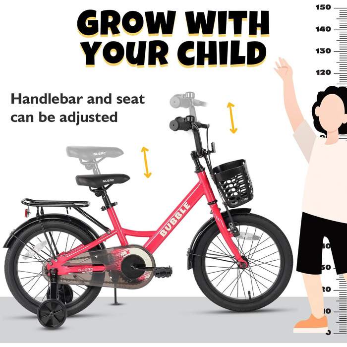 Дитяче велосипед Glerc Bubble 12/14/16 дюймів для хлопчиків та дівчаток 3-8 років з корзиною та стабілізаторами, різні кольори (рожевий, 14 дюймів)