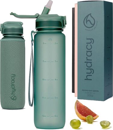 Пляшка для води Hydracy з трубочкою та часовими мітками 1 л, спортивна, без BPA, проти протікання, конденсату, для спорту та активного відпочинку, зелена «Місячне сяйво»