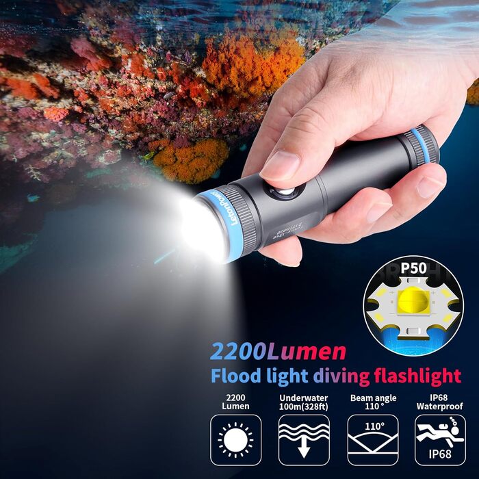 LetonPower Тинні-13se: Дайверська лампа для занурень 2200 люмен, 6 режимів, підзарядна, USB-C, для дайвінгу та снорклінгу