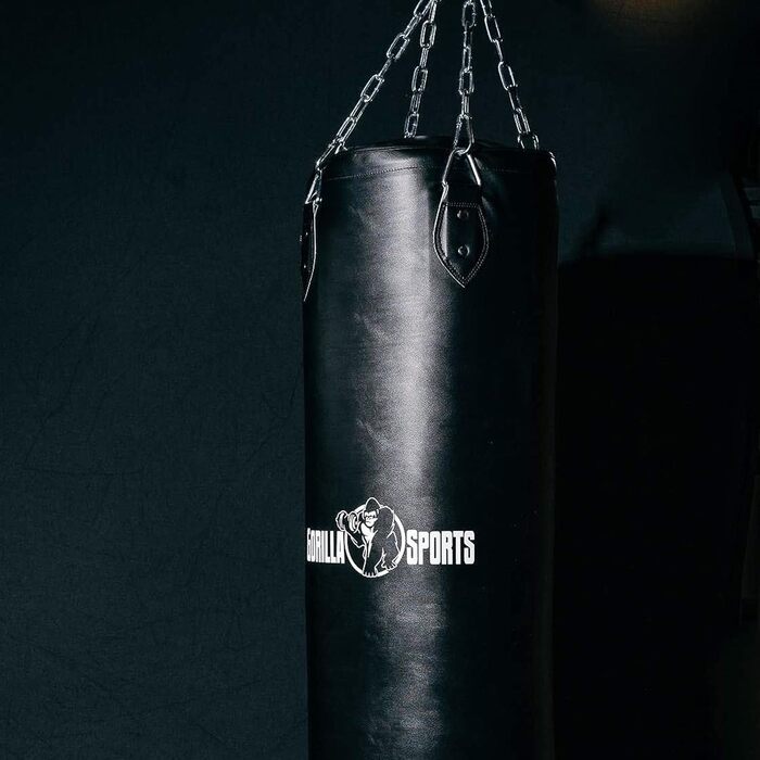 Боксерський мішок GORILLA SPORTS® 37 кг, наповнений, з металевою ланцюгом та карабінами, штучна шкіра, чорний - для боксу, MMA