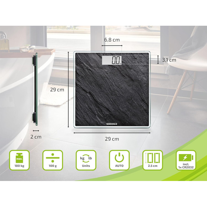 Електронна вага Soehnle Style Sense Compact 300 Slate, чорна, LCD-дисплей, плоский дизайн, велика платформа, максимальна вага 180 кг